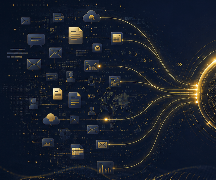 Illustration of interconnected data flows and digital tools